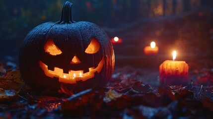 Obraz premium Spooky Halloween Pumpkin with Candle and Fall Leaves in Forest