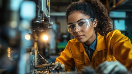 A confident Black female electrician is focused on fixing electrical components with precision in a well-lit workshop. She wears safety glasses and gloves while working diligently