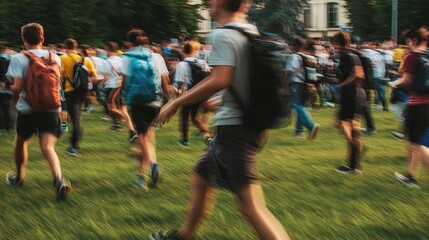 A group of people are walking in a field with backpacks and handbags