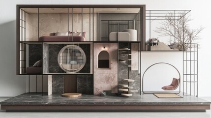 Modern minimalist dollhouse with open concept design, showcasing various rooms and stylish furniture.