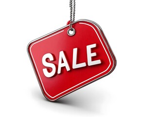 Red Sale Tag Hanging, White Background