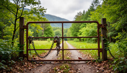 Rusty padlocked gate blocking dirt road in lush forest, nature's barrier