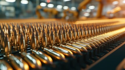 A row of gold bullets are on a conveyor belt