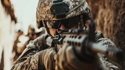 Fototapeta premium A soldier is holding a rifle and wearing a helmet