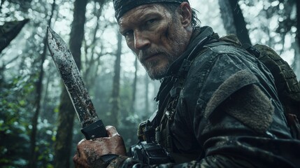 Obraz premium A man is holding a knife in a forest