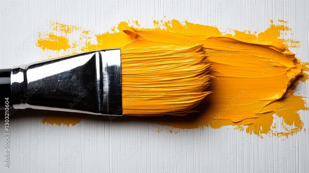 Poster bright yellow paint applied with a large brush on a textured white surface in an artistic setting