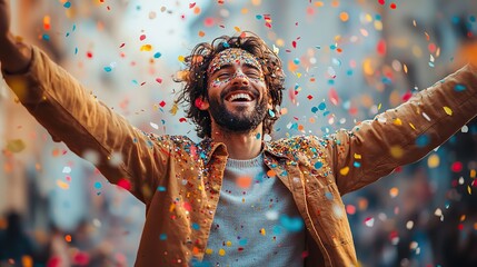 celebration silhouette of a man in woship with confetti