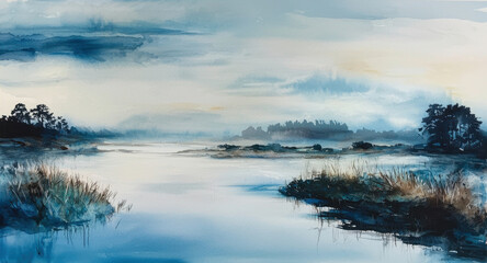 A painting of a lake with trees in the background