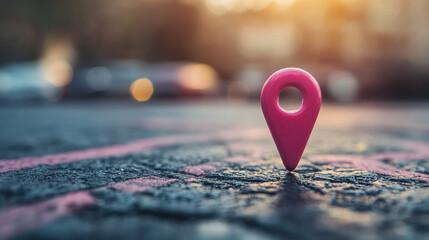 A pink map pin stands out sharply against a blurred abstract backdrop, symbolizing location, direction, and modern navigation technology in the digital age.

