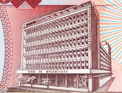 Mozambique 50000 Meticais 2003 banknote with the image of the Banco de Mocambique building in Maputo. Mozambican money