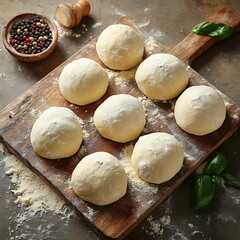 Pizza Dough Balls on Wooden Board