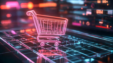 Neon Shopping Cart: Futuristic rendering of a neon shopping cart, symbolising the ease of digital commerce, seamlessly integrated with a high-tech keyboard, reflecting a modern tech-savvy approach.