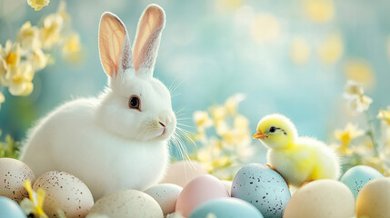 Easter scene with bunny chich and egg, cute furry animals for celebration 