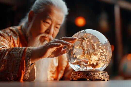 An elderly Asian man in ornate robes examines a glass sphere containing a golden dragon figurine - Powered by Adobe