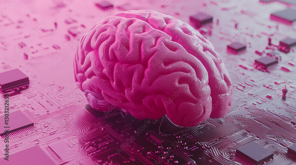 Poster brain on circuitry: an artistic rendering of a brain sitting atop a circuit board, illustrating the 