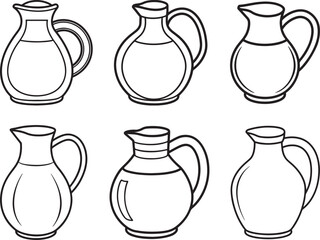 set of jug line art, black outline, vector and illustration, coloring book page line art drawing