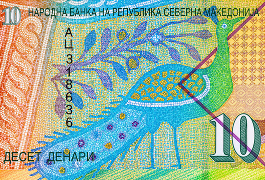 Fragment of the Banknote 10 denars Macedonia with a mosaic image of a peacock. Polymer money. Currency of Macedonia