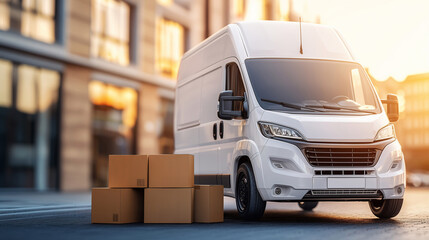 White Delivery Van with Cardboard Boxes Parked on a City Street at Sunset