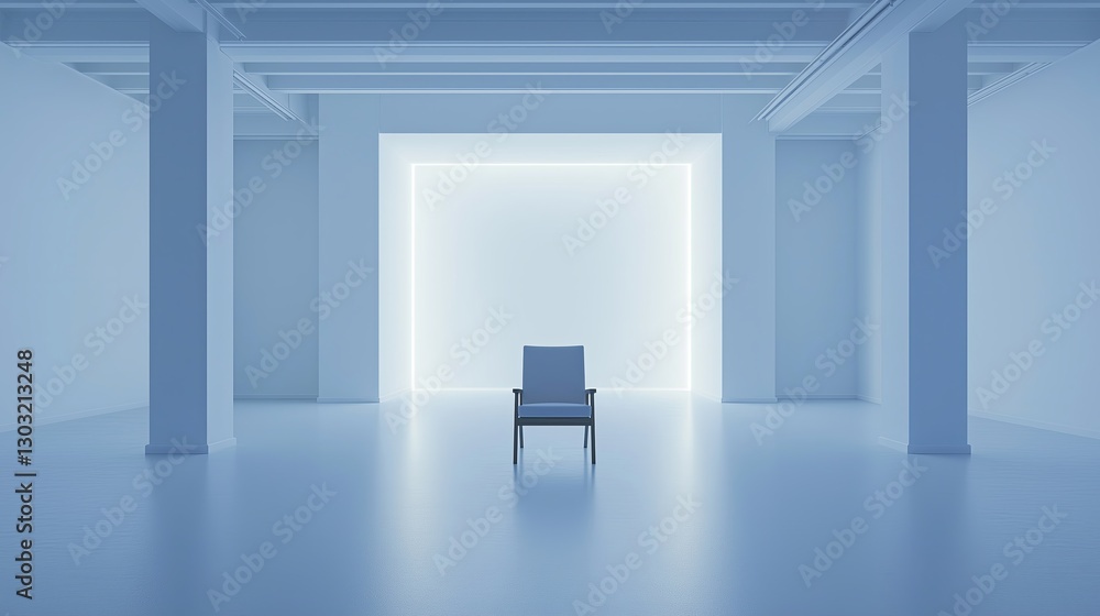Poster a single chair in the middle of an empty white room with soft lighting