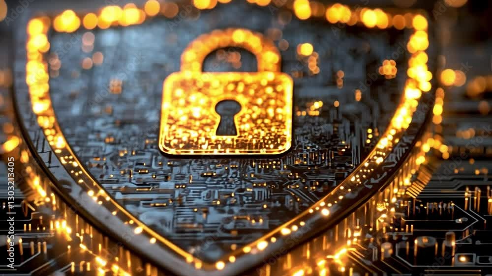 Poster digital fortress: the image features a shining padlock superimposed over a shield-shaped circuit boa