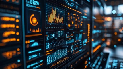 Obraz premium Futuristic digital dashboard displaying graphs, charts, and data analytics on a computer screen.