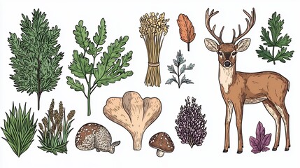 Nature Elements with Deer, Fungi, and Various Leafy Plants