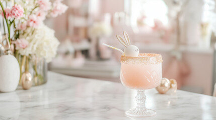 A modern kitchen with pink color accents, home bar and marble countertop, interior lighting, party decor, blurry background, emphasizing home comfort.