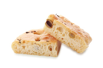 Pieces of delicious focaccia bread with olives and thyme isolated on white