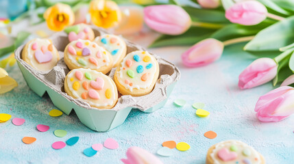 Colorful sweet treats and candy display with spring decor, perfect for spring holiday and celebration, showcasing candy art and decorative food for festivities.