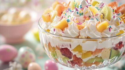 A close-up of a luxurious, creamy cake on a party table, showcasing delicious food art and confectionery perfect for foodie celebrations.