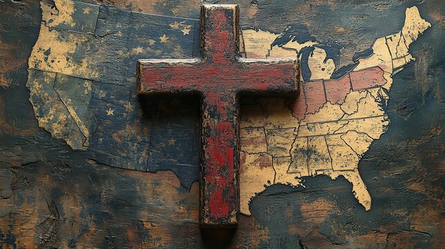 christian cross over map with flag of united states of america in grunge style