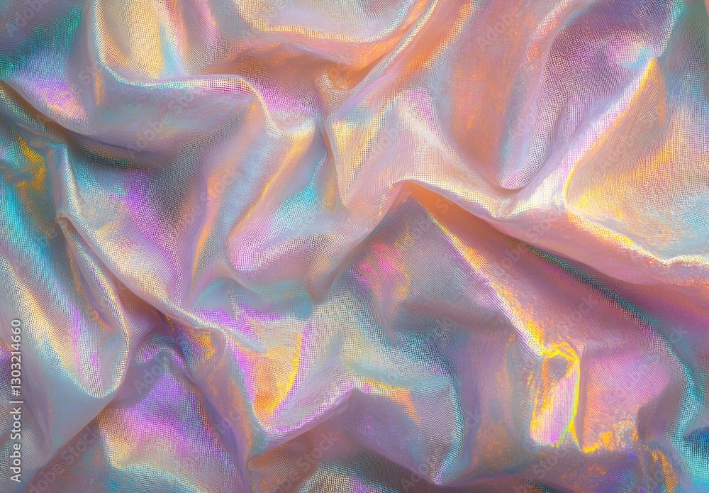 Poster pastel colored iridescent fabric creating wrinkles and folds, illuminated with soft light, providing