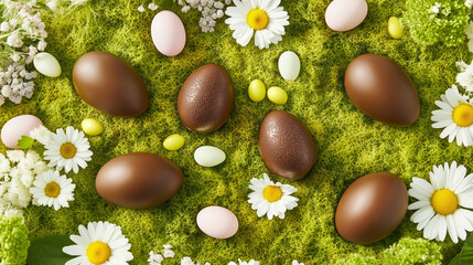 Spring scene with chocolate treats, chocolate candies, and chocolate variety amid flower decoration, nature background, and nature scene for spring holiday.