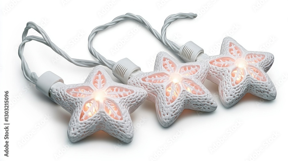 Poster three white starfish shaped string lights with warm light illumination on a white background. perfec