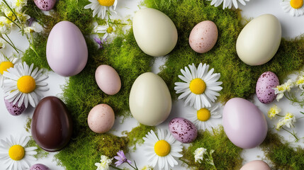 Colorful Easter eggs and daisies in a garden create a vibrant nature scene with flowering plants, perfect for nature photography and a lively nature background.