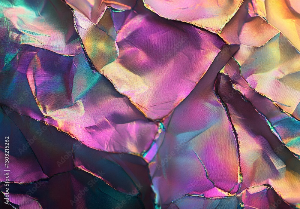 Poster close up view of a crystal surface, displaying iridescent colors and light refractions, creating a m