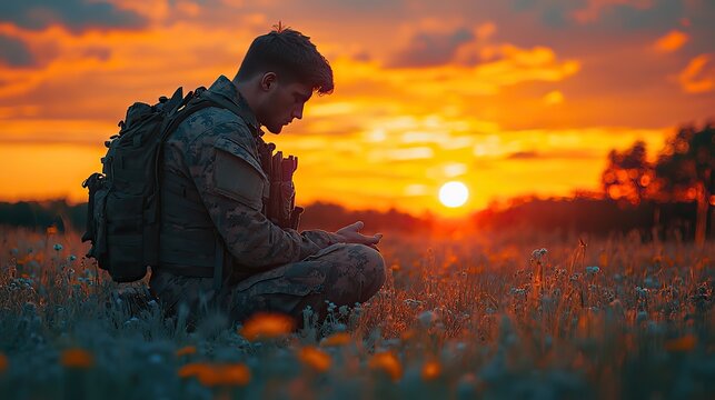 christian soldier praying on a field