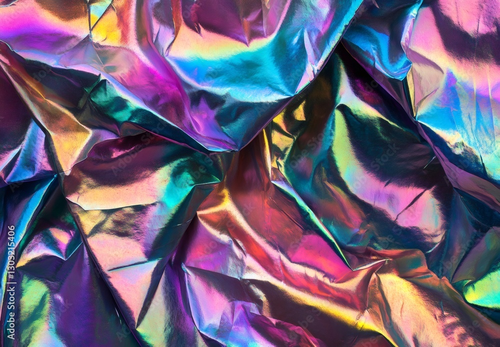 Poster wrinkled holographic foil creating an abstract colorful texture and background with vibrant trendy c