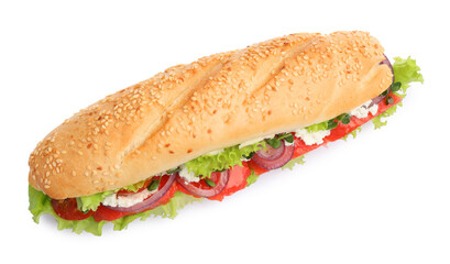 Delicious baguette sandwich with salmon isolated on white