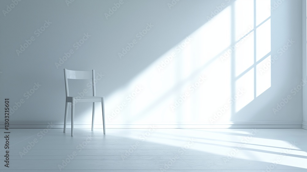 Poster a single chair in the middle of an empty white room with soft lighting