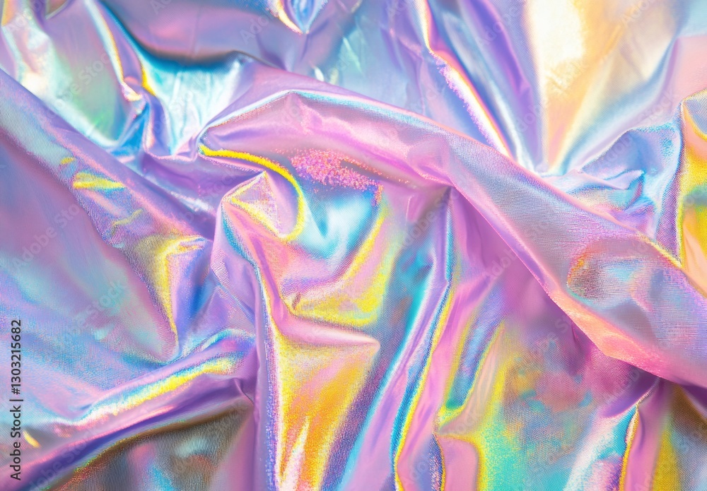 Poster crumpled holographic surface displaying iridescent metallic shades, casting prismatic reflections an