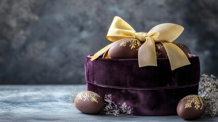 Luxury gift set with a decorative purple velvet box, gold ribbon, and chocolates in premium packaging, ideal for birthday celebrations.