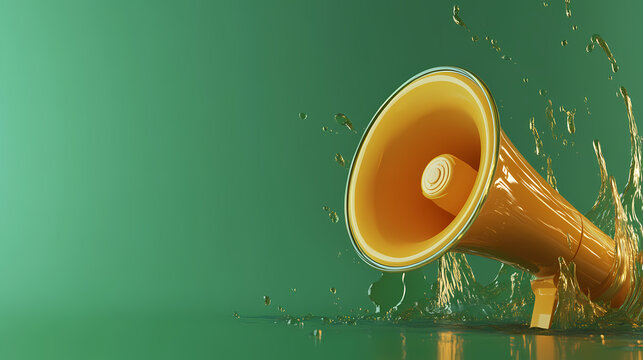 Megaphone Sound Waves: A stylized, close-up image showcases a golden megaphone, partially submerged in water, emitting dynamic sound waves.