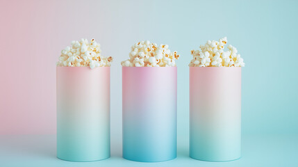 A fun party scene with three tall popcorn with butter containers on a pink background, highlighting sweet popcorn as a sweet snack and party decoration.