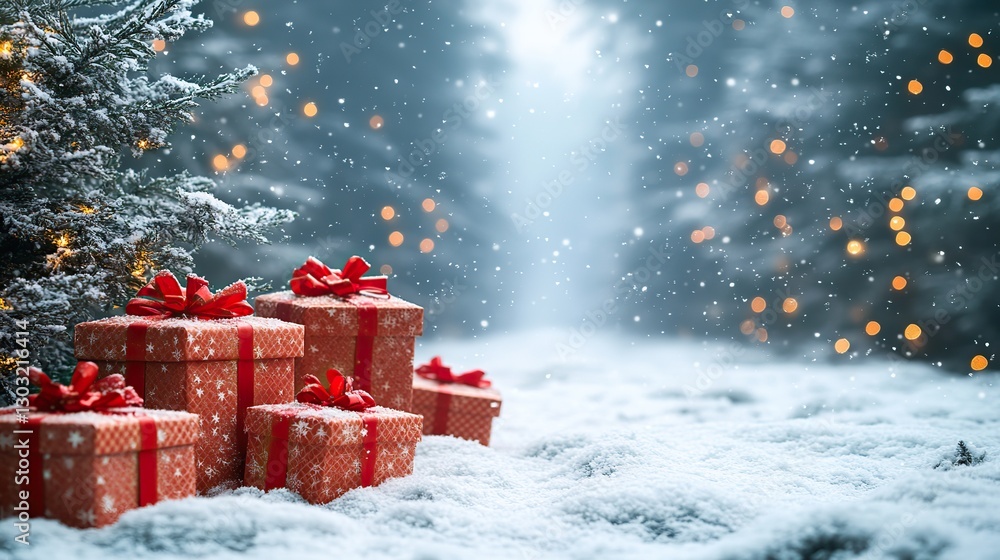Poster background with gift boxes and trees in snowy forest