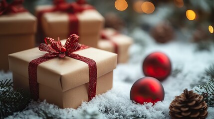 background with gift boxes and decorations on snow copy space