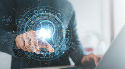 businessman using Ai technology in business by artificial intelligence,  smart robot AI, Futuristic technology transformation, using AI technology for developing running business on cloud computing