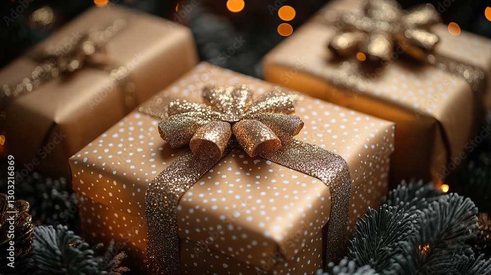 Poster golden gift boxes on bokeh background with copy space