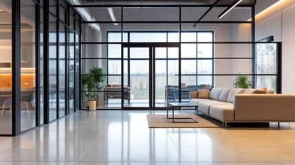 Space features a sleek, contemporary design with a cozy sofa, elegant glass walls, and natural light flooding in from large windows overlooking a serene landscape
