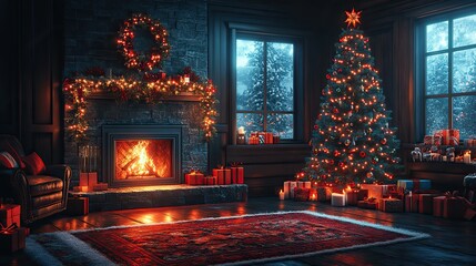 Obraz premium interior decorated living room with tree fireplace and presents at night